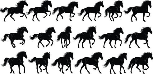 Galloping horse silhouettes vector set, dynamic running poses collection, black equestrian illustrations isolated on white background for design projects, branding