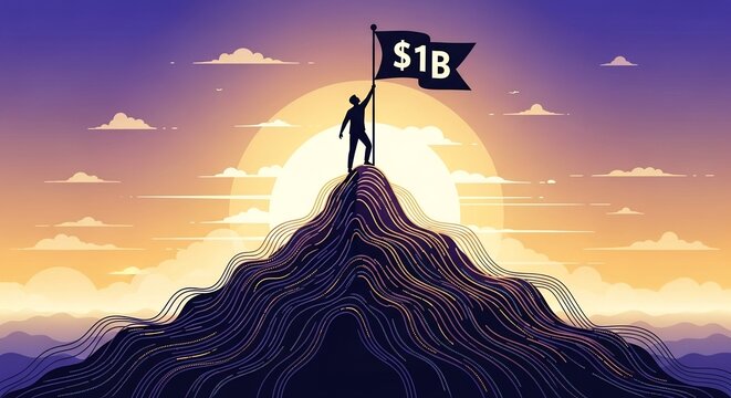 Silhouette of Person Standing on Mountain Peak Holding Flag with One Billion Dollar Sign at Sunset