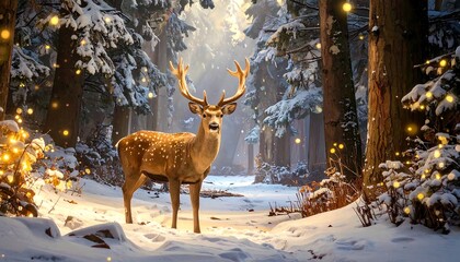A majestic stag stands in a winter wonderland, illuminated by warm, glowing lights.