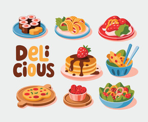 Cartoon Food Assortment with Delicious Text on White Background illustration sushi