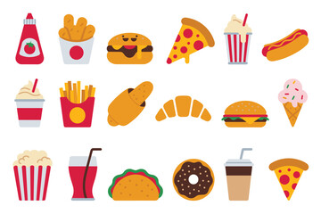Cartoon fast food icons including pizza burger fries and ice cream vector