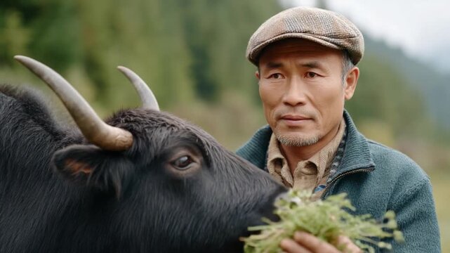 Farmer and Yak Harmony: A seasoned farmer, with a gentle gaze, shares a tranquil moment with a majestic yak amidst the serenity of a scenic, mountainous landscape.