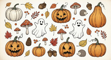 "Autumn & Halloween Hand-Drawn Elements" – Pumpkins, leaves, mushrooms, ghosts, and cozy fall motifs.