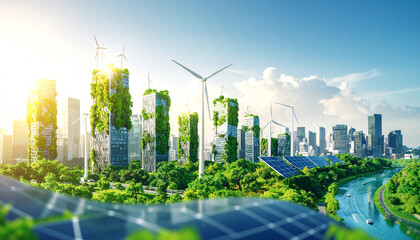 Sustainable cityscape with green buildings, solar panels and wind turbines, representing future energy