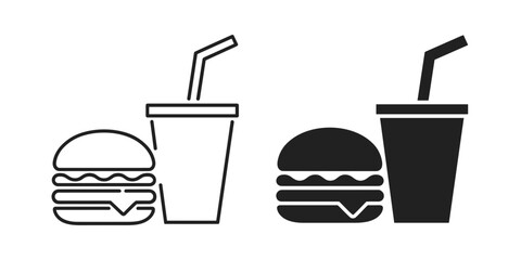 Black and white icons of a hamburger and a drink with straw soda beverage