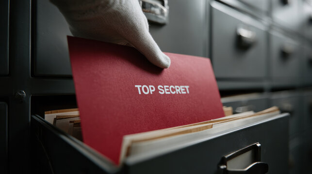 Gloved hand pulls red top secret file from metal cabinet drawer, confidential, mysterious