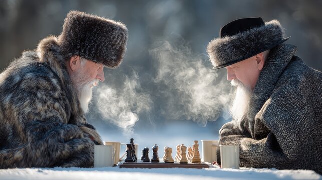 Two Men Playing Chess Outdoors in Winter