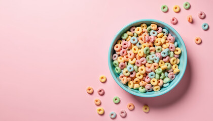 Colorful fruit cereal loops fill a light blue bowl against a pastel pink background. Scattered loops add a playful, vibrant touch, perfect for breakfast or a sweet, nostalgic snack.