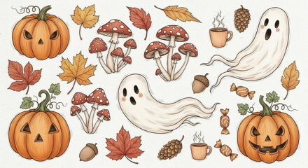 "Autumn & Halloween Hand-Drawn Elements" – Pumpkins, leaves, mushrooms, ghosts, and cozy fall motifs.