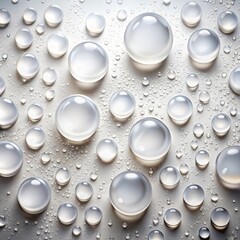 Close up of many clear water droplets on a textured metallic surface