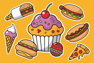 A vibrant cartoon collection of fast food and desserts on a yellow background hamburger hot dog