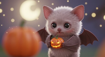 Fluffy bat with jack-o'-lantern and pumpkins