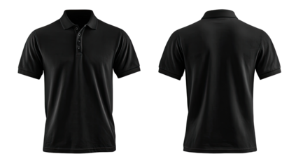Front and back view of a black polo shirt.  Blank, unisex,  short-sleeved.  Classic collar,  button placket.  Modelled on a  mannequin