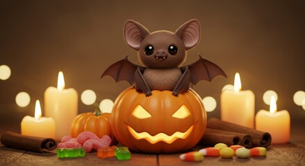 Bat in jack-o'-lantern with candies and candles