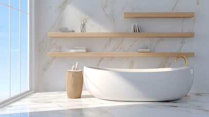 A modern bathroom interior, featuring light beige wooden shelves, a white bathtub, and marble flooring, bathed in natural light.