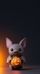 Cute bat with pumpkin on dark background