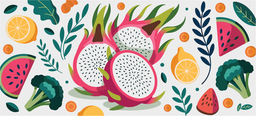 Vibrant Flat Design Assortment of Fruits and Vegetables on White Background dragon fruit watermelon