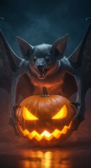 Realistic scary bat with glowing pumpkin