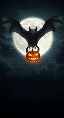 Scary bat flying with pumpkin under full moon