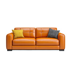 Fototapeta premium Modern Orange Leather Sofa with Decorative Cushions in Bright Living Room Setting for Contemporary Home Styling