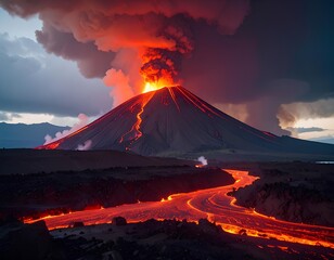 Fototapeta premium Volcanic Fury Molten Lava Flowing from Erupting Peak