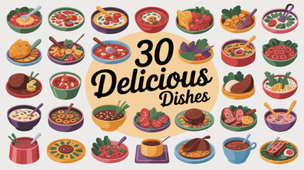 Thirty Delicious Dishes Illustrated Collection on White Background food illustration