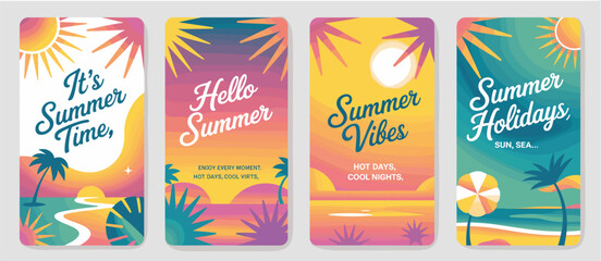 Naklejka premium Four vertical summer themed banners with beach and sun graphics ocean palm trees