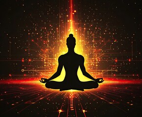 Silhouette of person meditating in vibrant energy field.