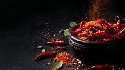 A beautifully arranged bowl of vibrant red dried chilies with scattered spices and herbs on a dark background, highlighting the rich textures and colors for culinary use
