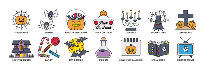 Halloween Icon Set Line Color Style with Spider Web, Candy, Haunted House, Graveyard, and More