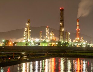 Night View of Illuminated Industrial Refinery Reflecting on Water