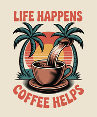 Vintage style graphic design illustration of coffee pouring into a cup with palm trees and sunset liquid