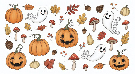 "Autumn & Halloween Hand-Drawn Elements" – Pumpkins, leaves, mushrooms, ghosts, and cozy fall motifs.