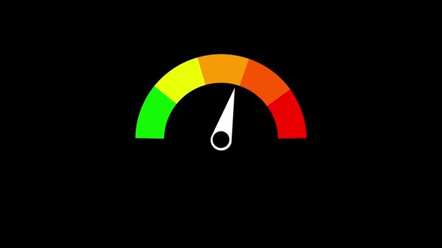 Colorful Speedometer or Tachometer Motion Progress on a transparent background alpha channel at zero credit score rating scale animation, credit score Speedometer gauge indicator on black background