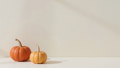 Minimalistic Halloween and Thanksgiving composition of orange and cream hued pumpkins with stems on studio white background with soft light and casted shadow, product placement and copy text space