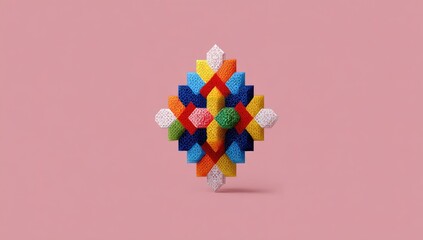 Colorful geometric pattern, diamond shape, floating on pink background