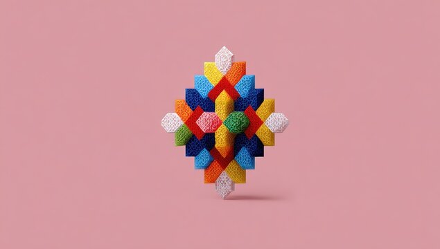 Colorful geometric pattern, diamond shape, floating on pink background - Powered by Adobe