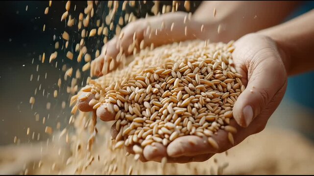 Hand Holding Wheat Grain Closeup Natural Light, Golden Harvest Agriculture, Organic Abundance