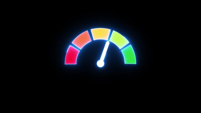 Colorful meter animation showing levels on dark backdrop. Animated neon gauge meter showing a measurement on a black background.