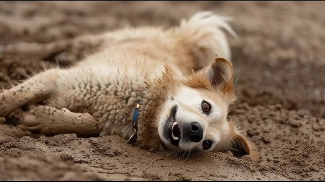 Happy dog lying in muddy ground with playful expression, dirty fur, outdoor fun, joyful moment