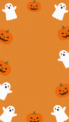 Cheerful Halloween frame of cute white ghosts and jack-o-lantern orange carved pumpkins on grainy textured vibrant orange background, greeting card marketing banner template, copy text space