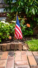 American flag in garden bed