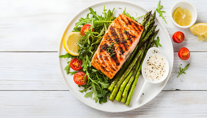 Baked salmon garnished with asparagus and tomatoes with herbs.Top view