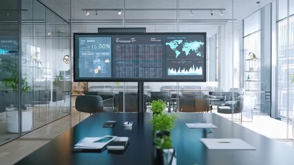 Modern office interior featuring a conference room with a large screen displaying data analytics, surrounded by sleek furniture and greenery, suggesting a collaborative work environment - Powered by Adobe