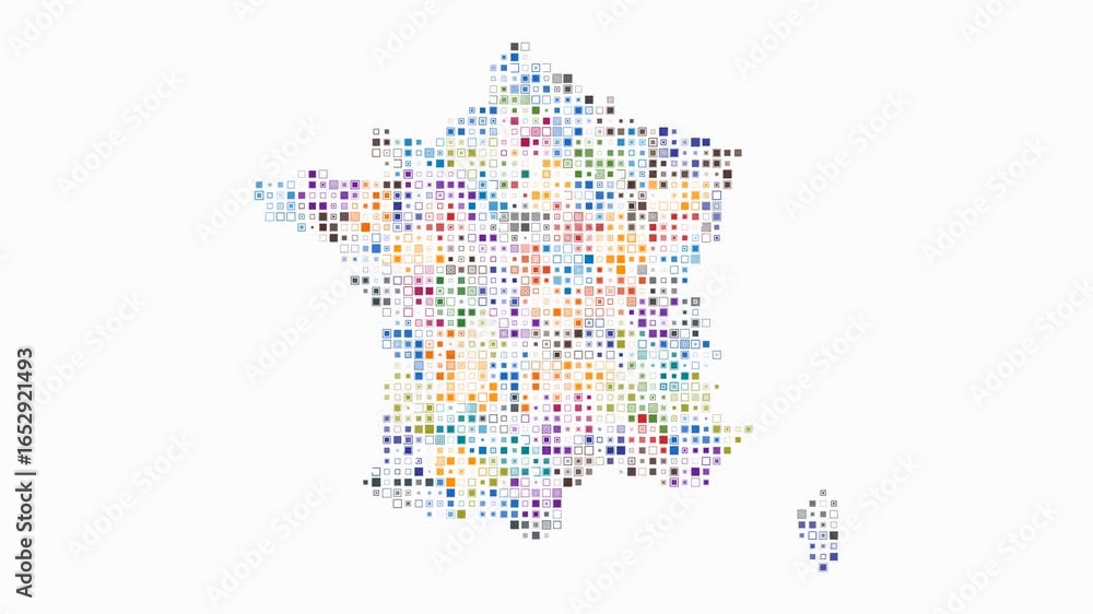 Poster france map animation. shape of the country with pulsating colored dots. small size square blocks. di