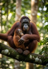 Obraz premium Orangutan Mother and Baby in Lush Rainforest.