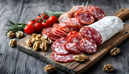 salami different sorts on the wooden board