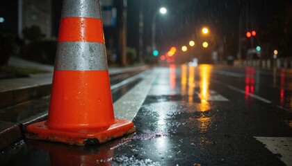 Orange traffic cone with reflective silver bands on wet city street at night. Rain falls, reflecting streetlights, traffic signals on asphalt. Cone marks construction zone, road work, safety detour.
