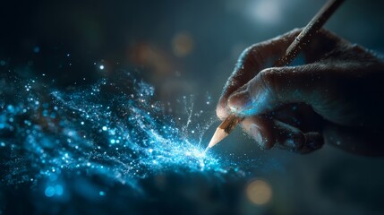 Futuristic Illustration Concept Featuring Pencil with Bright Blue Particles During Artistic Sketching