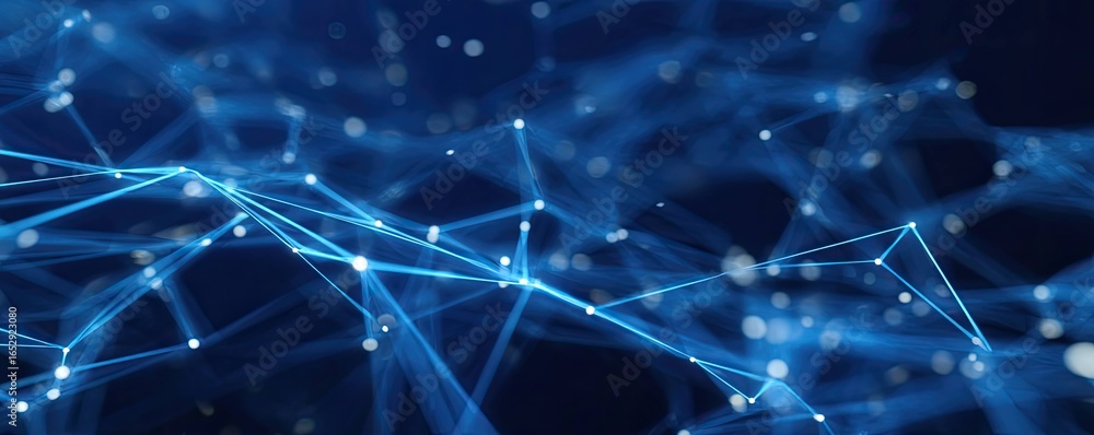 Poster close-up view of dynamic blue digital network art in a high-tech virtual environment